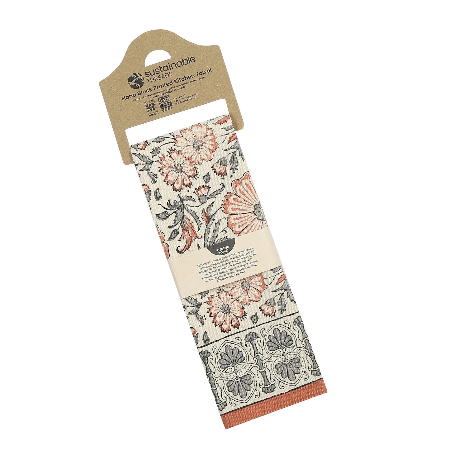 Hand Block Printed Cotton Kitchen Towels | 27″ × 19″ | Set of 2 | Fair Trade | STREAMLINE