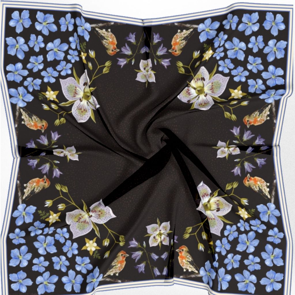 100% Silk Scarf: Black Gentian - Floral Bird Design