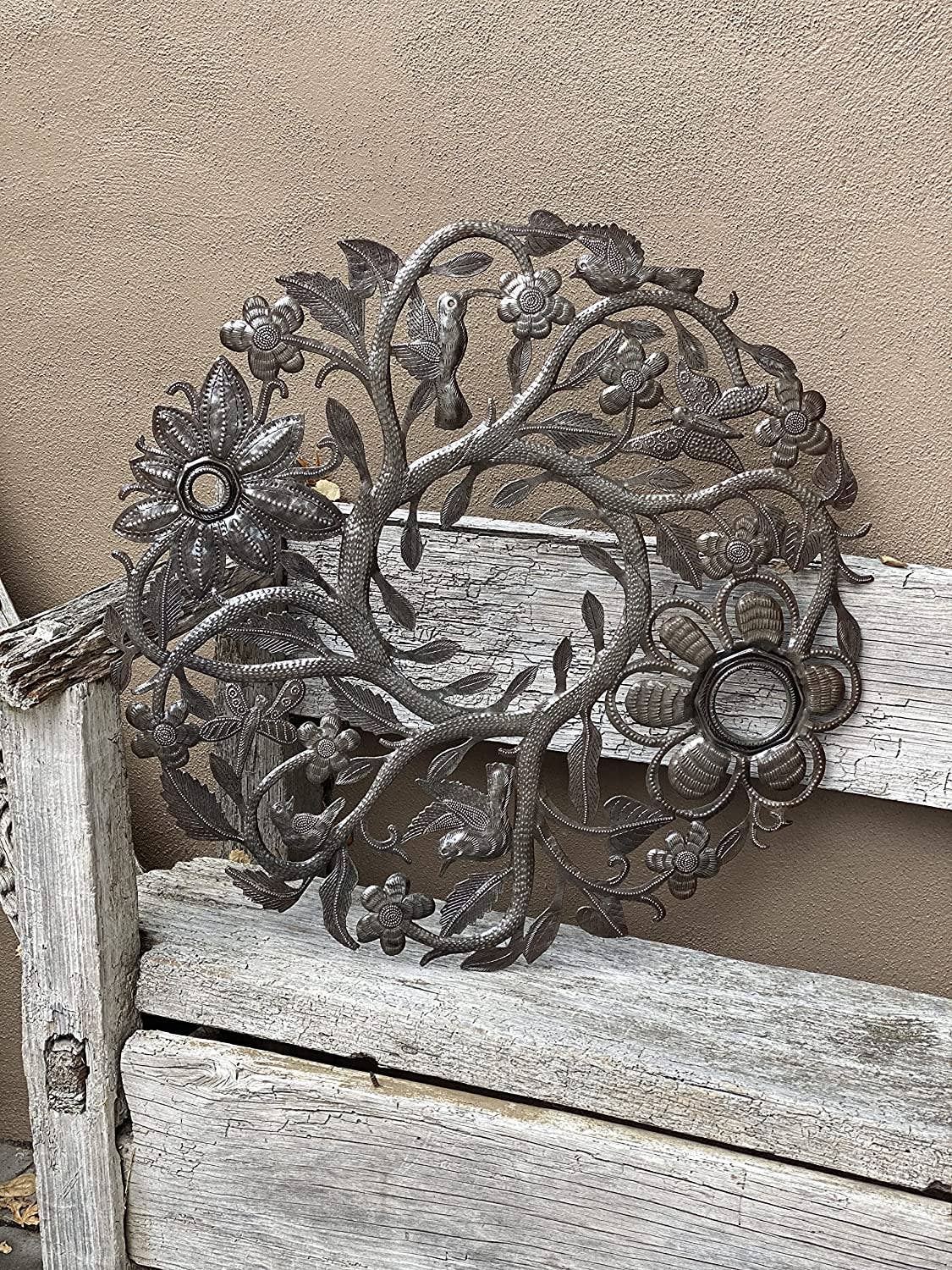 23" Organic Floral Wreath, Handmade Recycled Steel, Wall Hanging Art