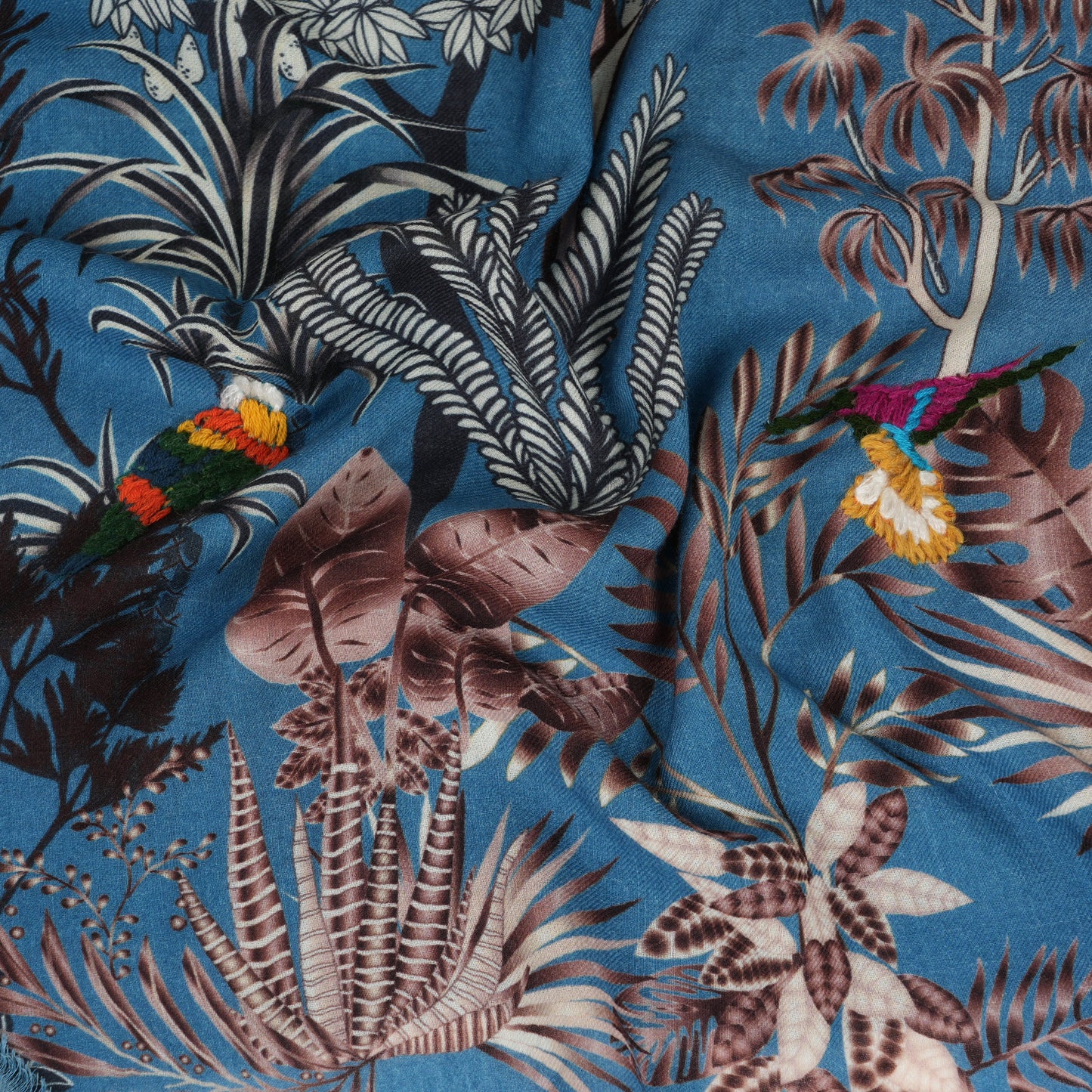 Woodland Embroidered Wool Scarf - Lapis Blue