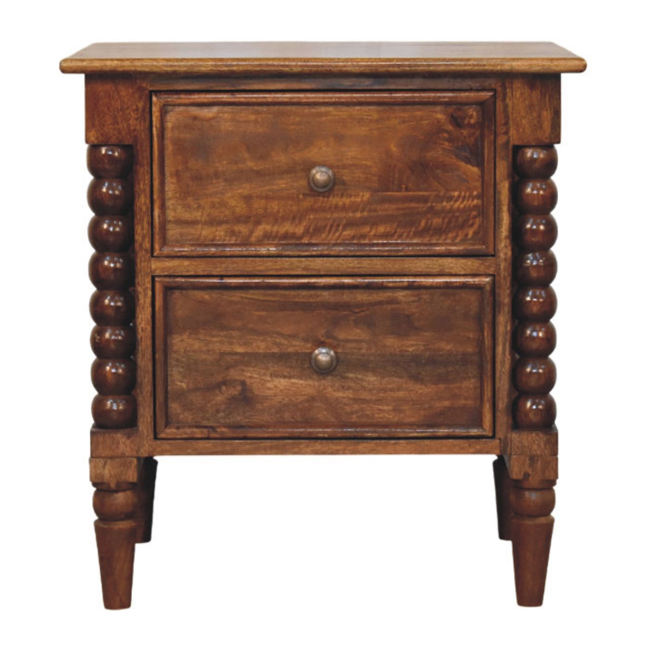 Solid Wood Spindle Beaded Bedside Table 2 Drawers Brown