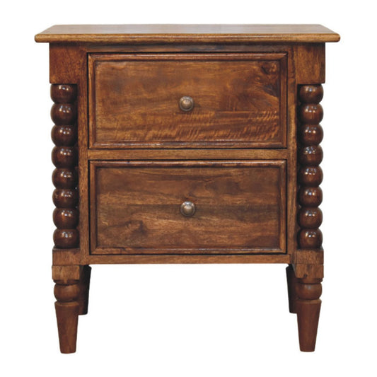 Solid Wood Spindle Beaded Bedside Table 2 Drawers Brown