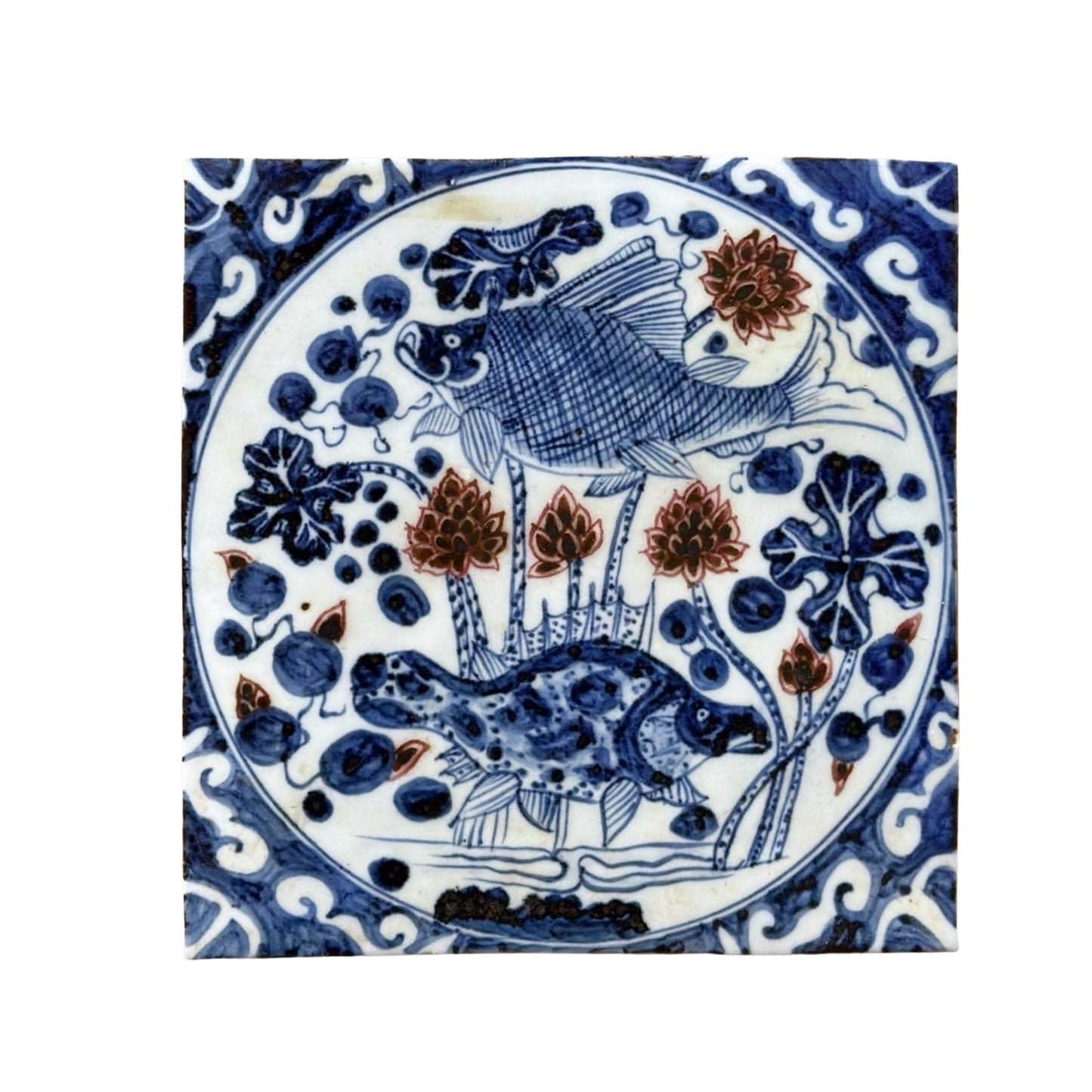 Hand Painted Porcelain Blue and Red Fish and Lotus Tile
