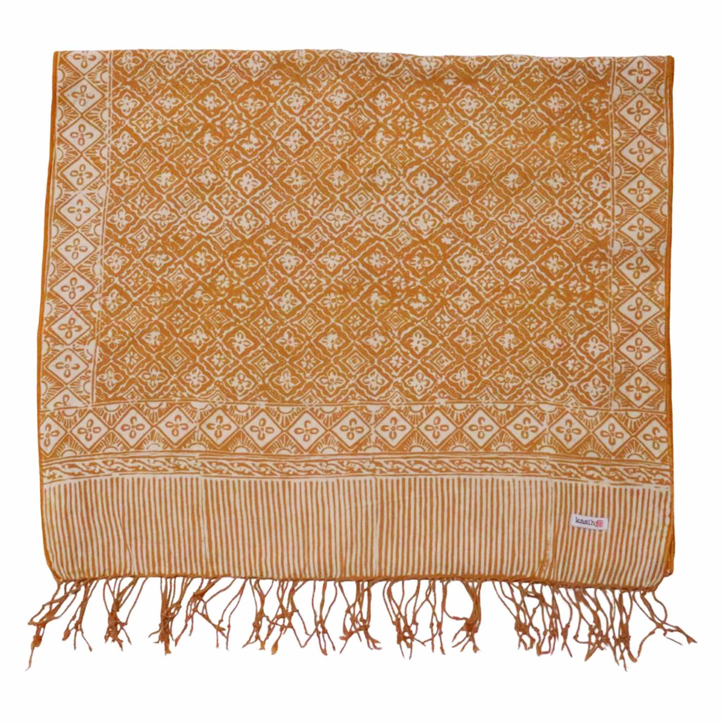 Handmade Batik Scarf, Soft Cotton, Frangipani, Kamboja, Yellow, Brown, Cream, Fall, Autumn