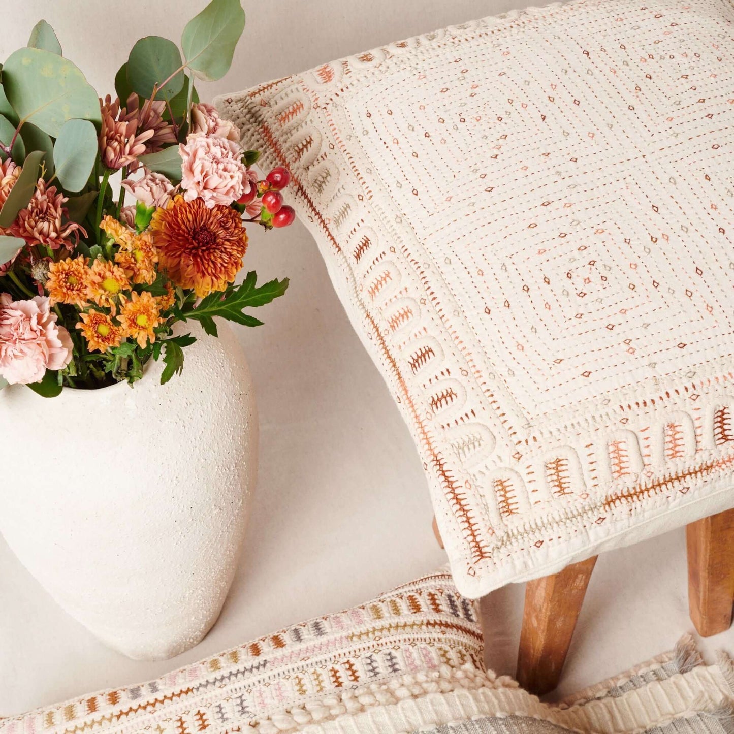 Maze Coral Hand Embroidered Cotton Pillow Cover