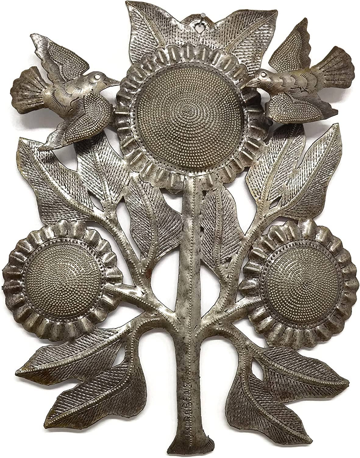Birds Hanging, Metal Garden Sunflower Wall Decor 8.5" x 11"