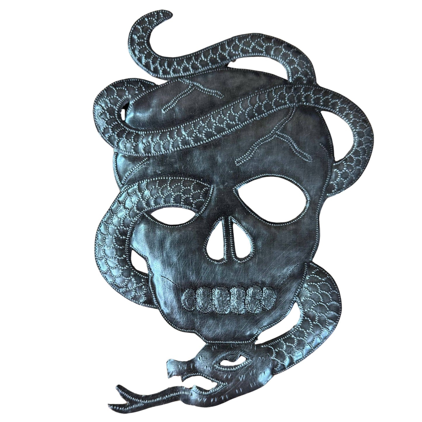 Skull Skeleton with Snake, Haitian Metal Art 10"x7"