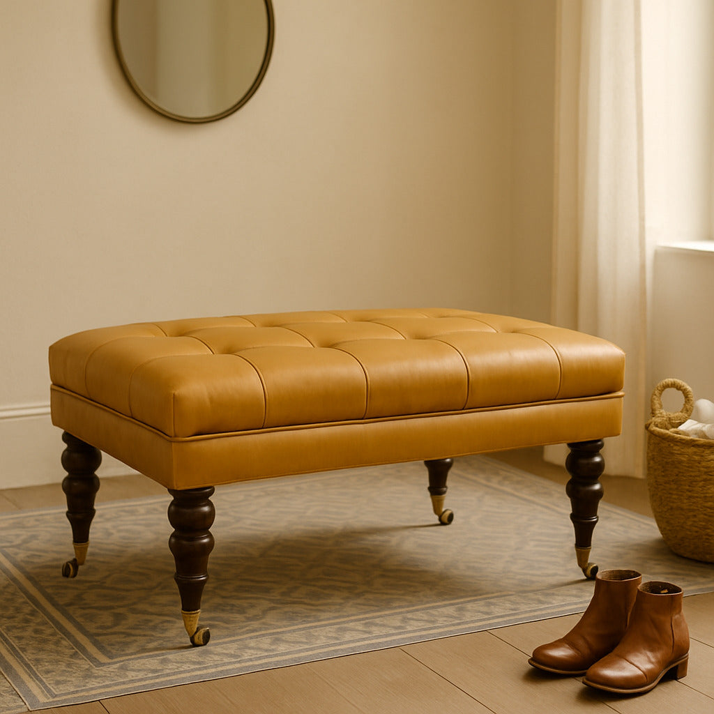 Solid Wood Honey Caramel Buffalo, Leather Ottoman with Castor Legs
