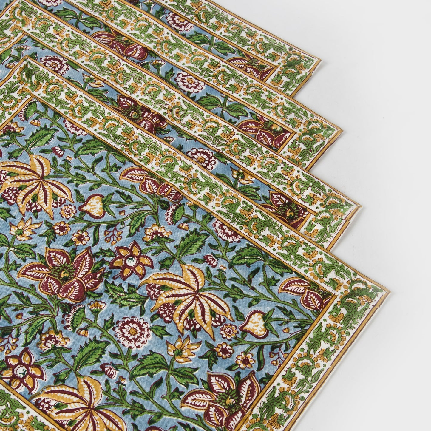 Hand Block Printed Cotton Placemats Set of 4 – Green & Blue Floral
