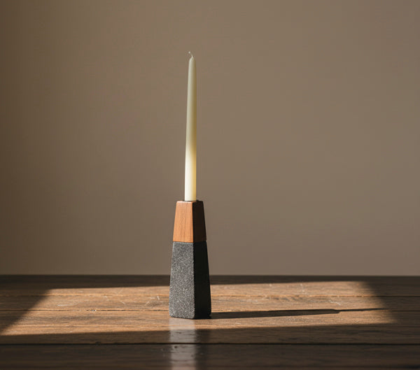 Tapered Marble & Acacia Candleholder