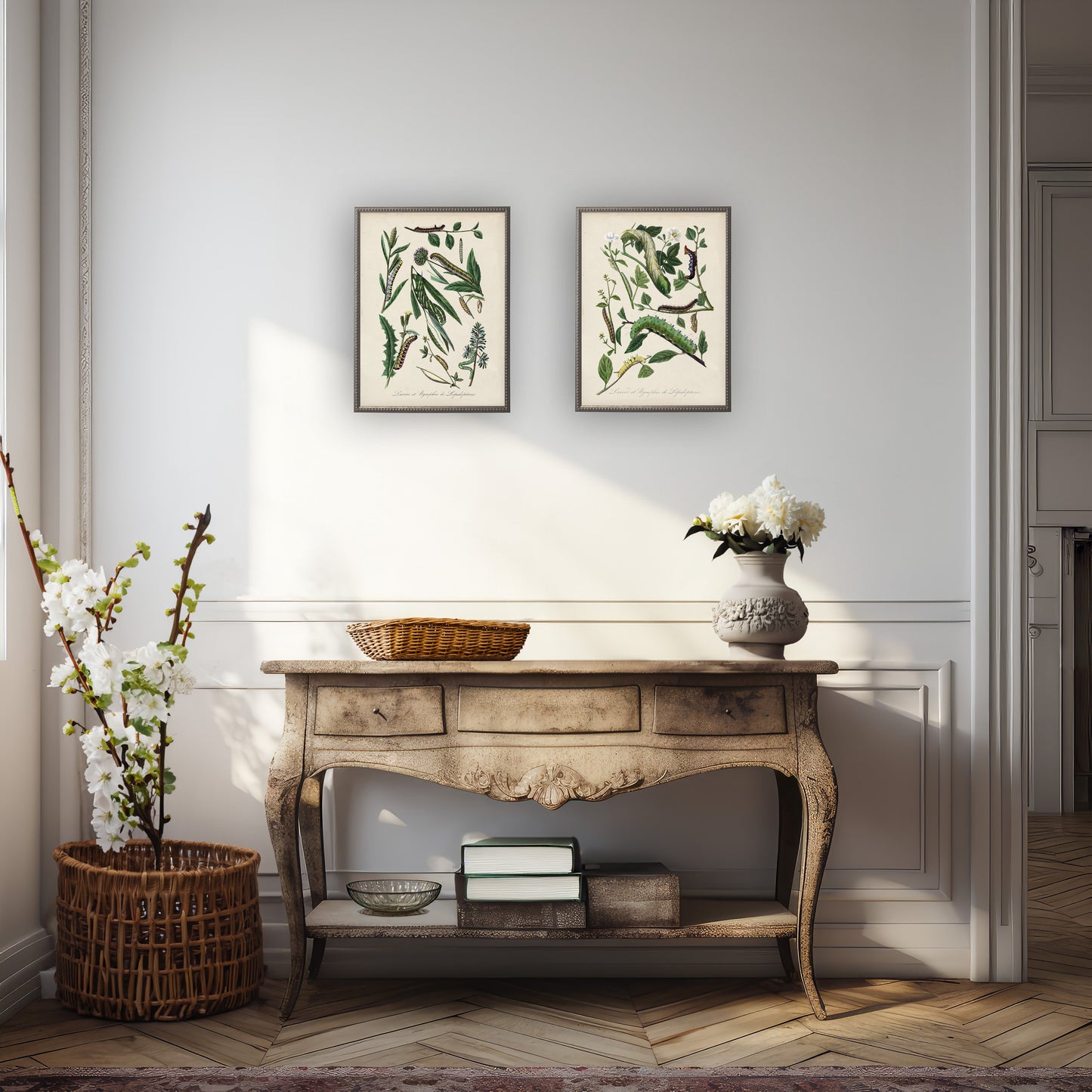 Caterpillar and Flower Print in Beaded Pewter Frame