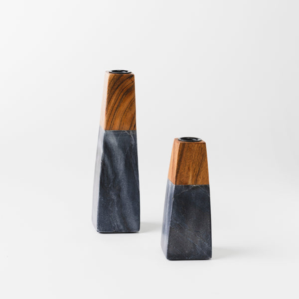 Tapered Marble & Acacia Candleholder