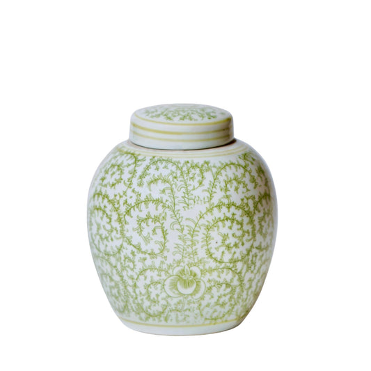Green and White Porcelain Scrolling Peony Round Jar