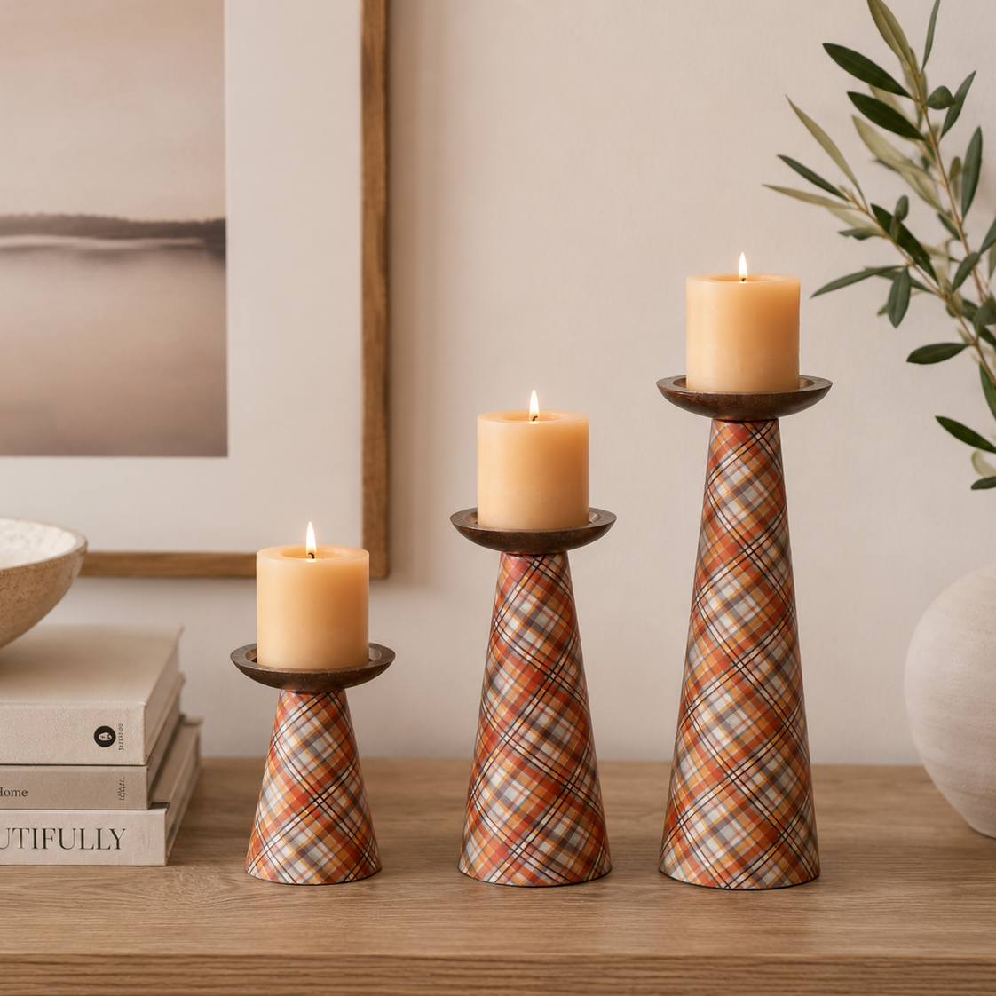 Plaid Pillar Candleholder Set - Ochre