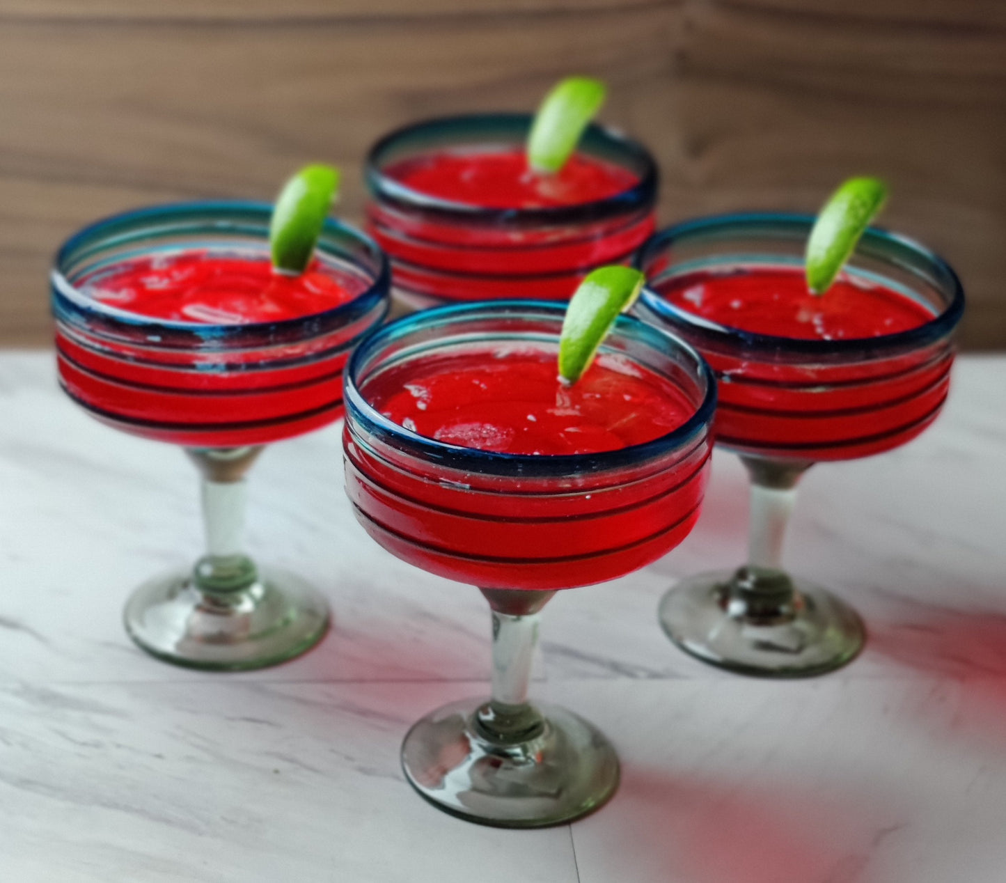 Set of 4 Hand Blown Margarita Glasses with Aqua Spiral Design