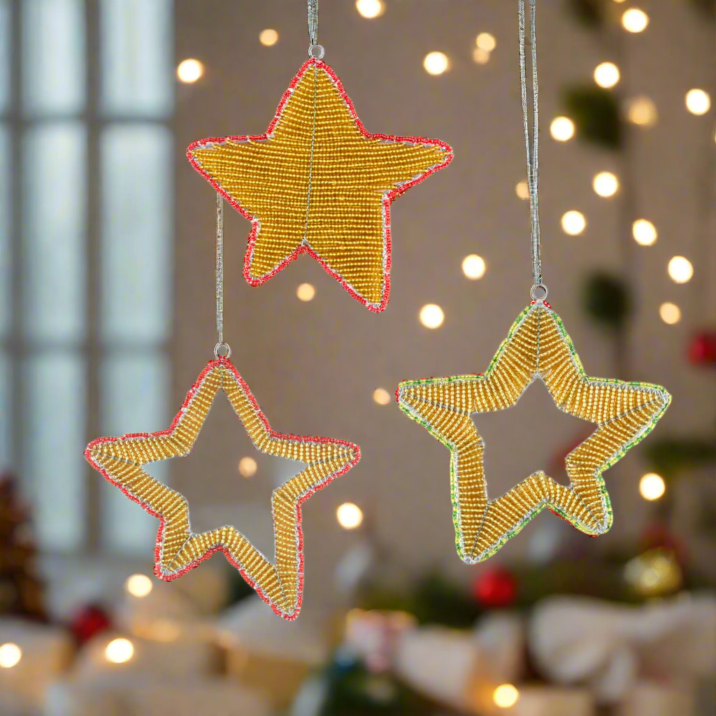 Handmade Beaded Star Ornament – Haitian Artisan Holiday Décor-Festive Christmas. (Set of 3, Asst)