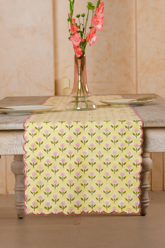 Mona Scallop Embroidered Blockprint Table Runner in Butter Yellow