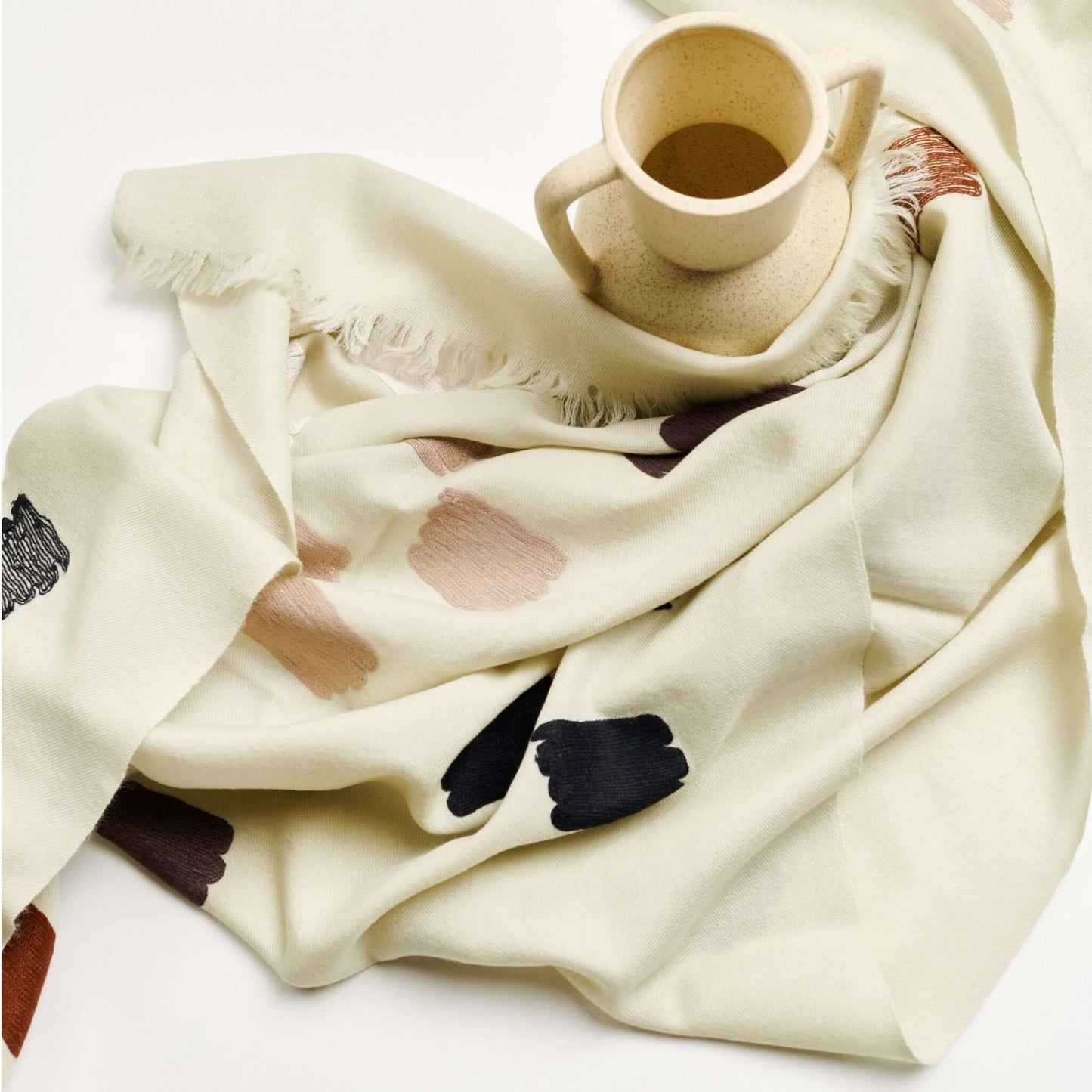 Off White Dahlia Hand Embroidered Hand Woven Modern Artisanal Scarf