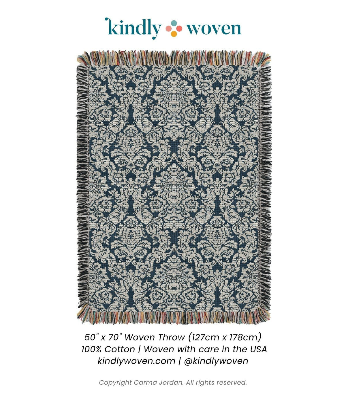 Blue Damask Floral Jacquard Woven Throw