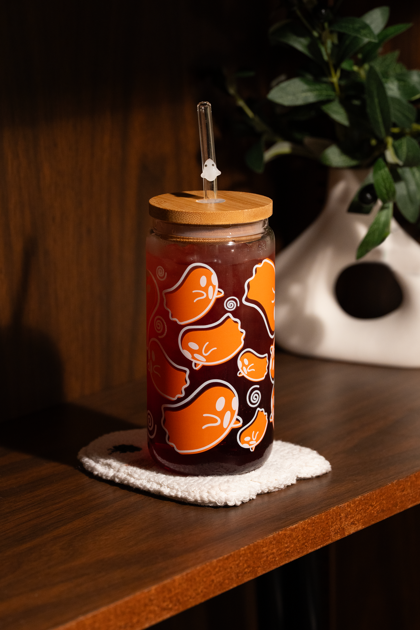 Color-Changing Ghostie 16oz Glass Cup, Mug Rug & Straw Bundle
