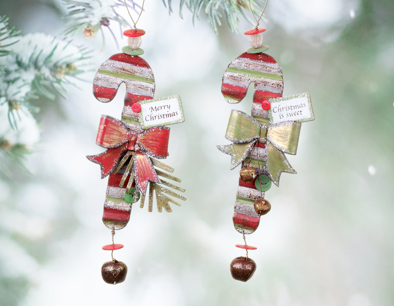 Rustic Vintage Metal Candy Cane Ornaments - Set of 4