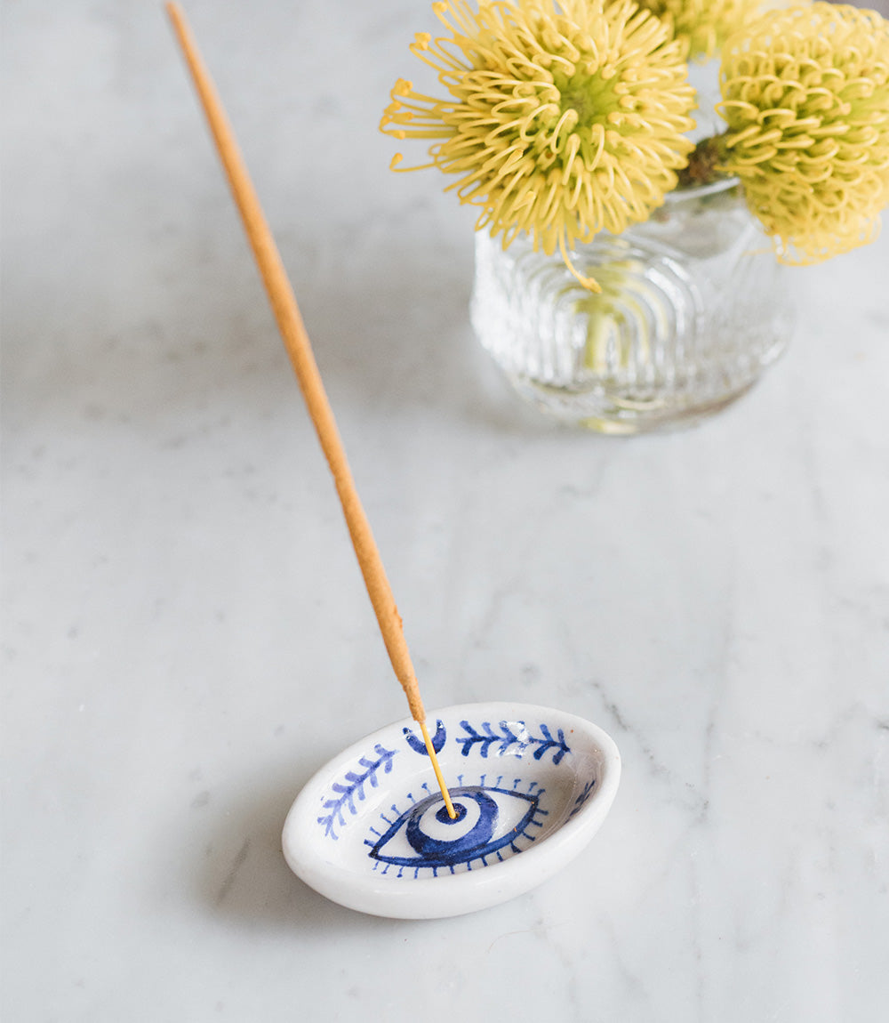 Lalita Evil Eye Trinket Dish Incense Holder - Hand Painted Ceramic