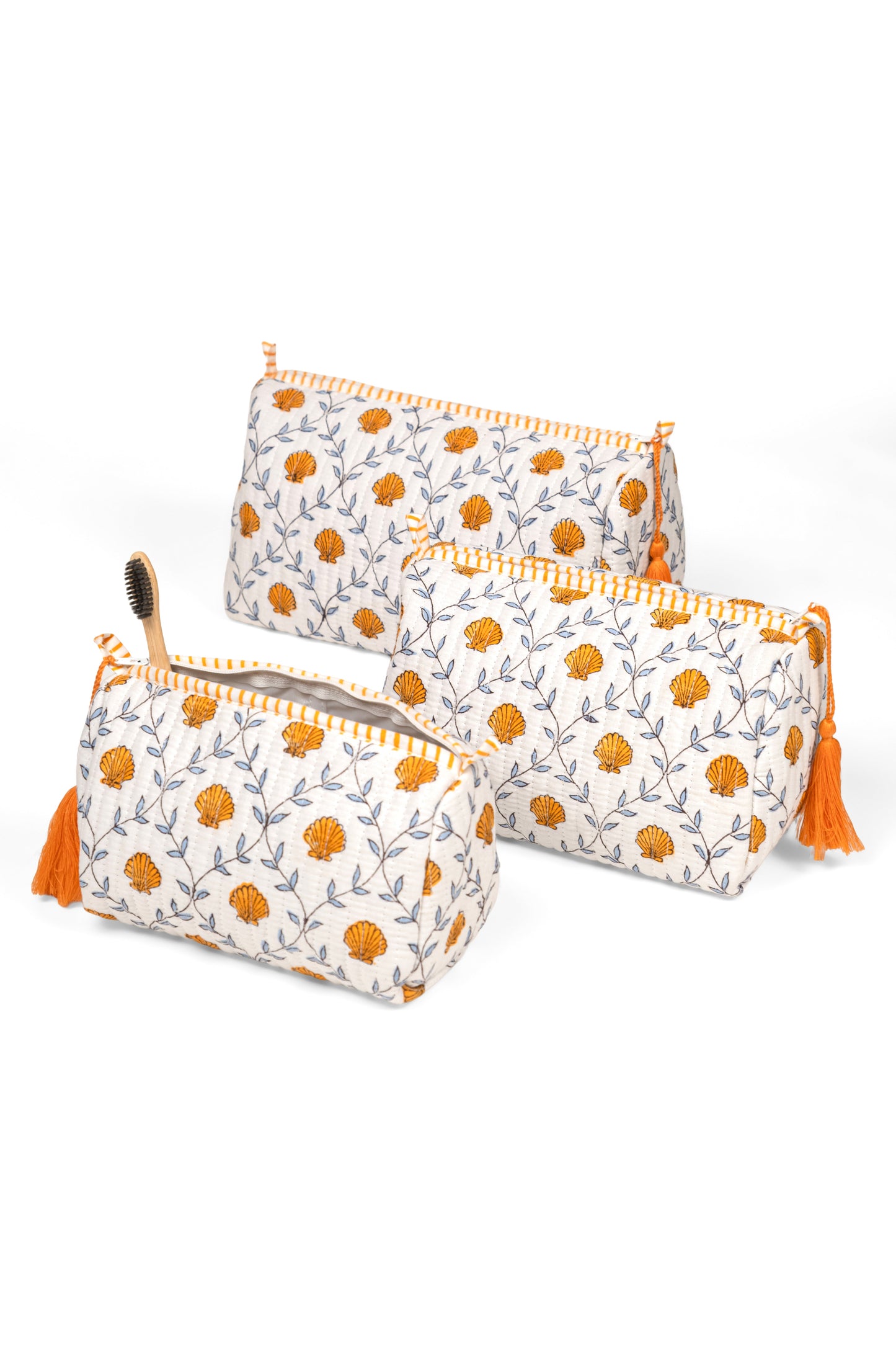 Seashell Blockprint Makeup Bag, Set of 3