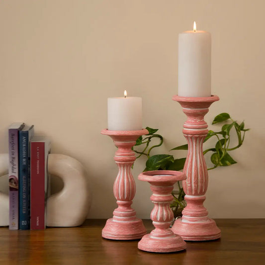 Rose Reverie Mango Wood Pillar Candleholders – Pink Set of 3