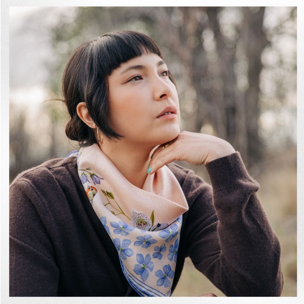 100% Silk Scarf: Pink Gentian - Wildflower Bird Design