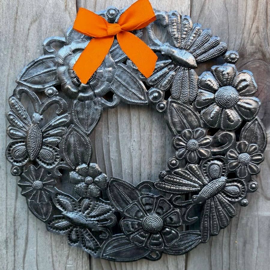 Recycled Metal Butterfly Floral Wreath  12" Fair Trade Haiti