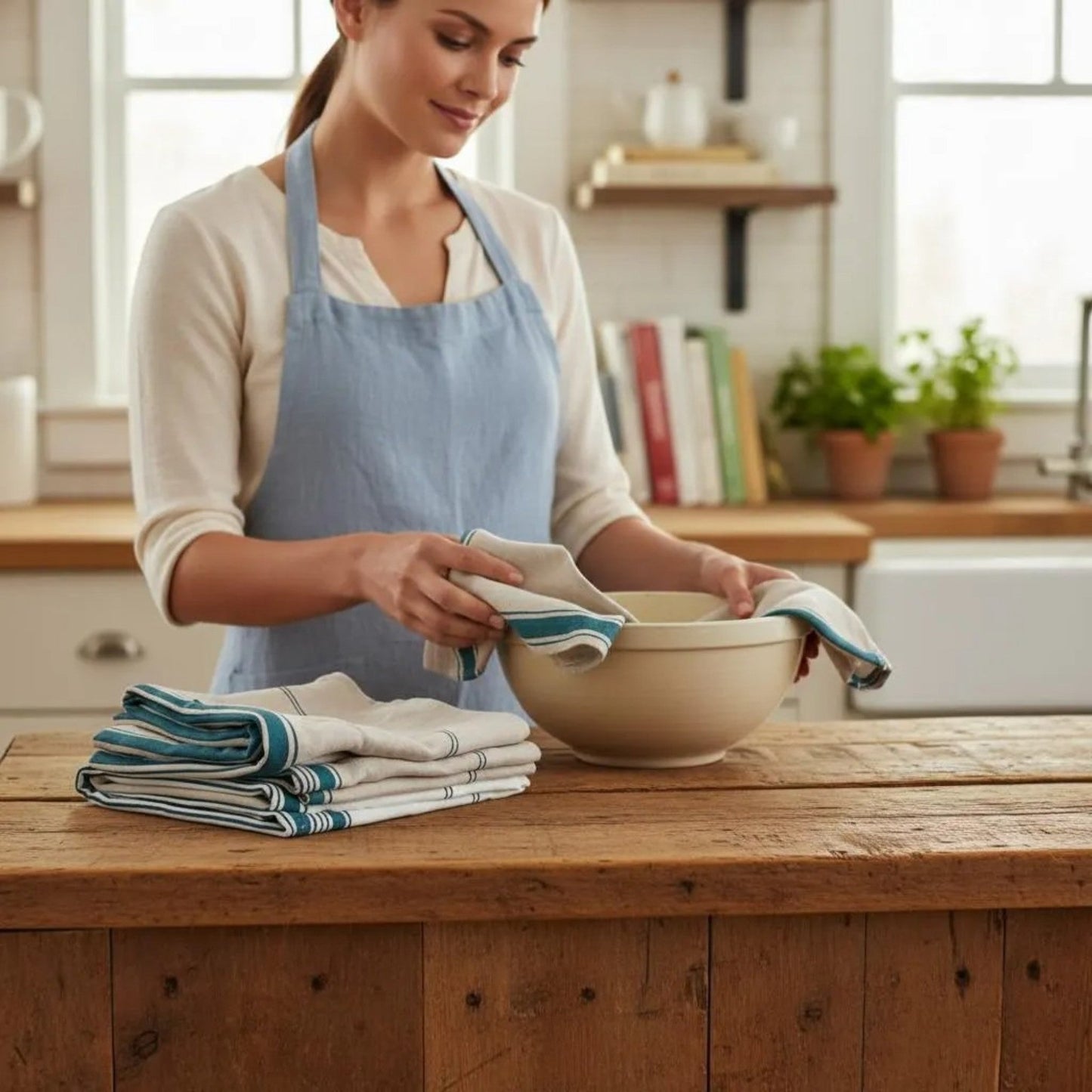 Handmade French Linen Kitchen Towels: Blue & Mauve Striped Tea Towels
