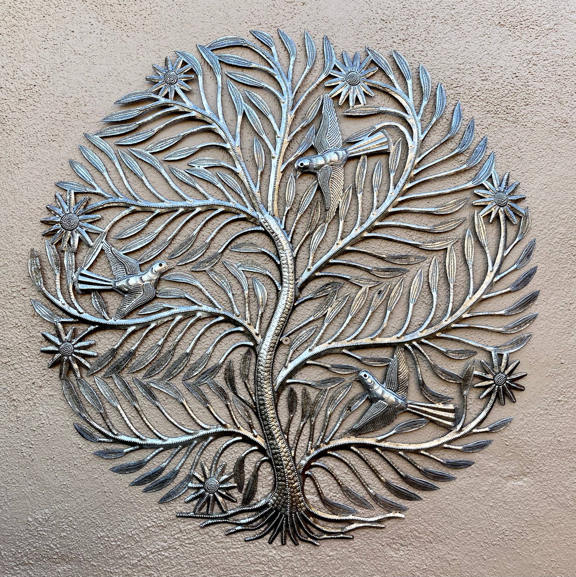 Delicate Cut Tree with Birds, Haitian Wall Hanging 23 Inch