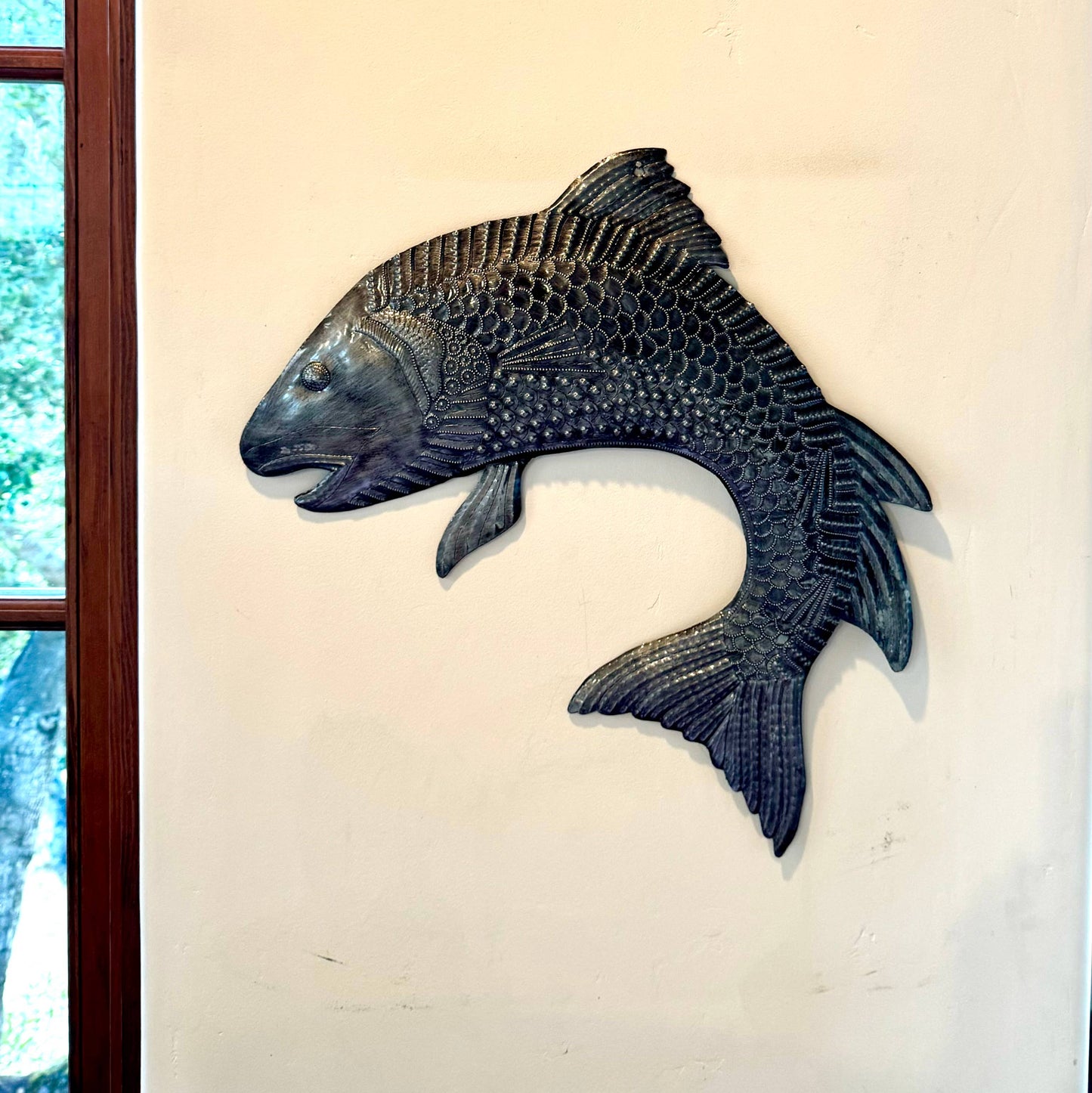 Salmon Jumping, Hand Cut Haitian Metal Art 17" x 15"