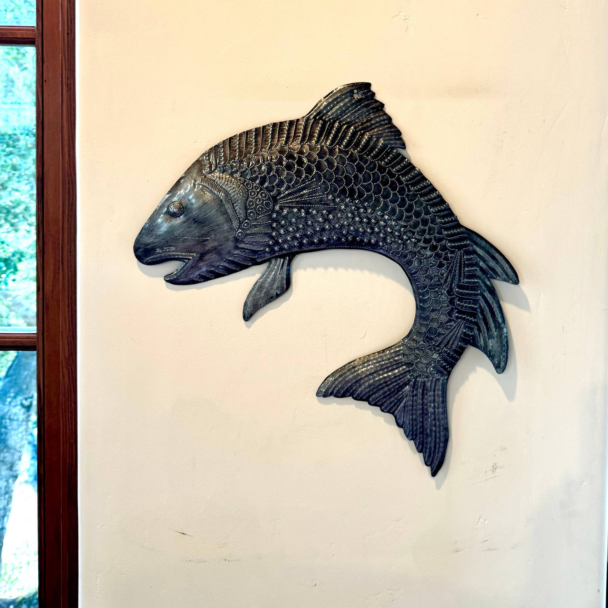 Salmon Jumping, Hand Cut Haitian Metal Art 17" x 15"