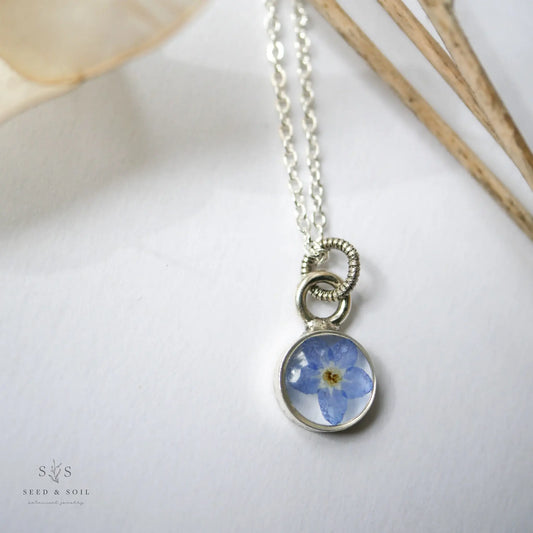 Blue Flower Necklace | Silver Circle Pendant | Forget-me-not