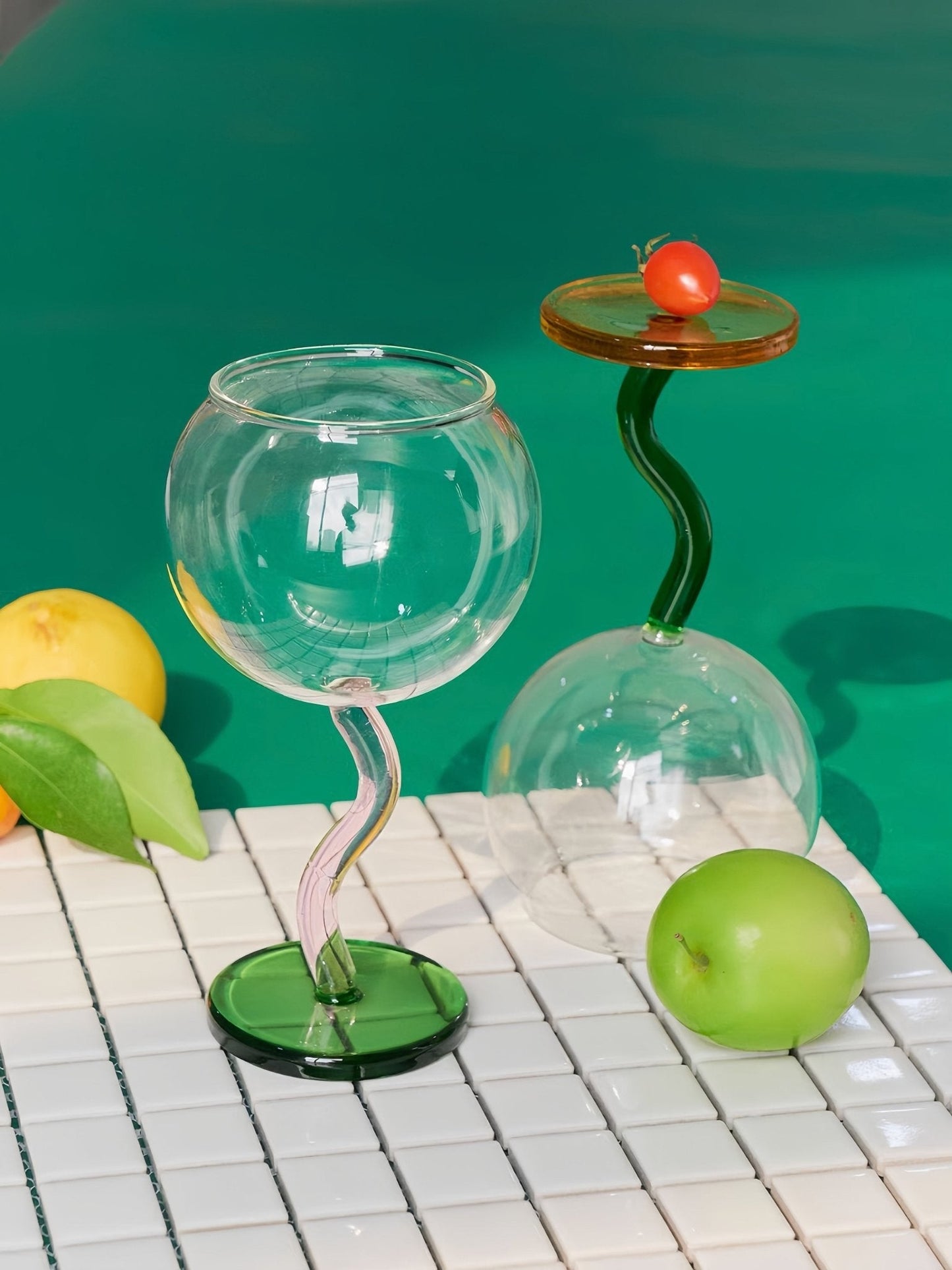 Handblown Bubble Wine Glass - Retro Whimsical Eclectic Wavy Stemmed Goblets