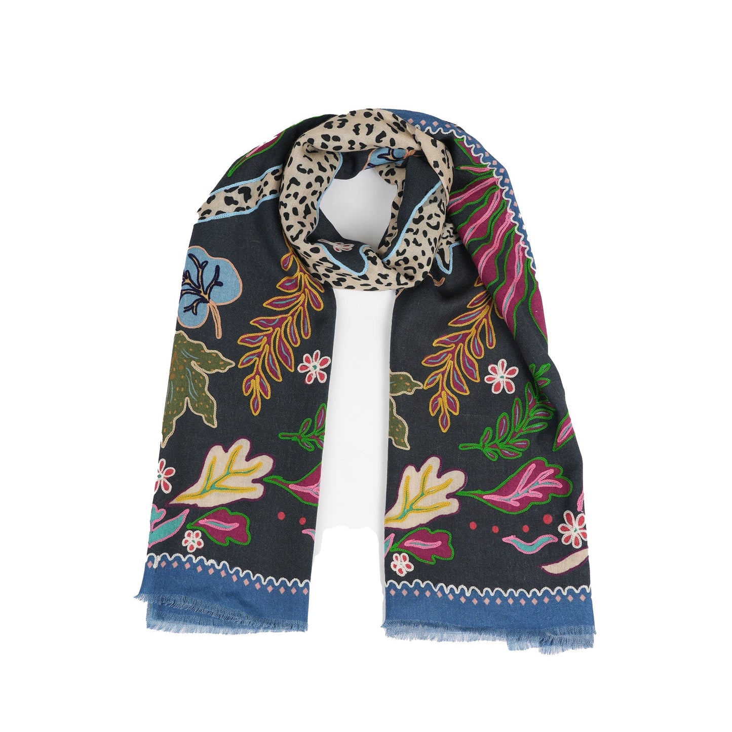 Wild Grace Wool Embroidered Scarf – Navy Blue