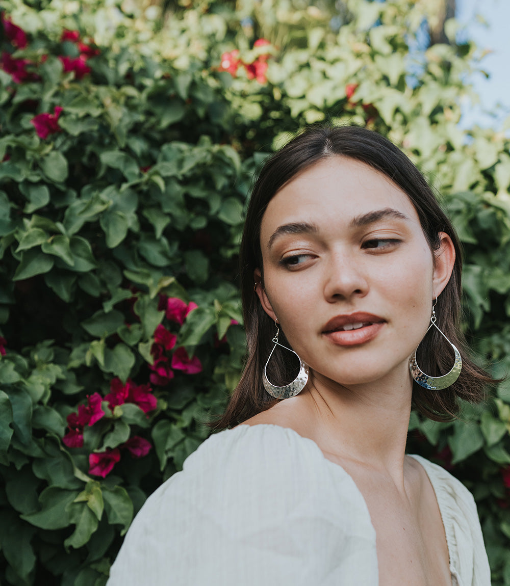 Lunar Crescent Hammered Hoop Earrings