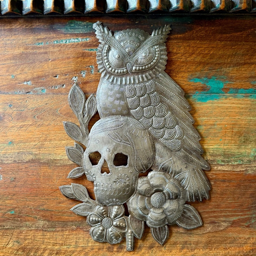 Haitian Metal Art Owl Skull Flowers Day of the Dead. 11.5"