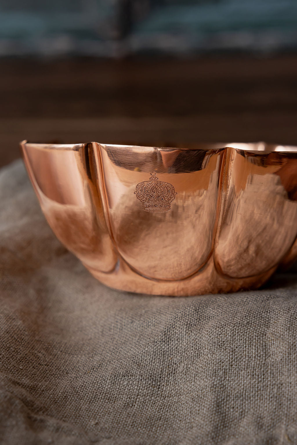 S/2 Vintage Inspired Copper Fluted Bowls with Crown Engraving