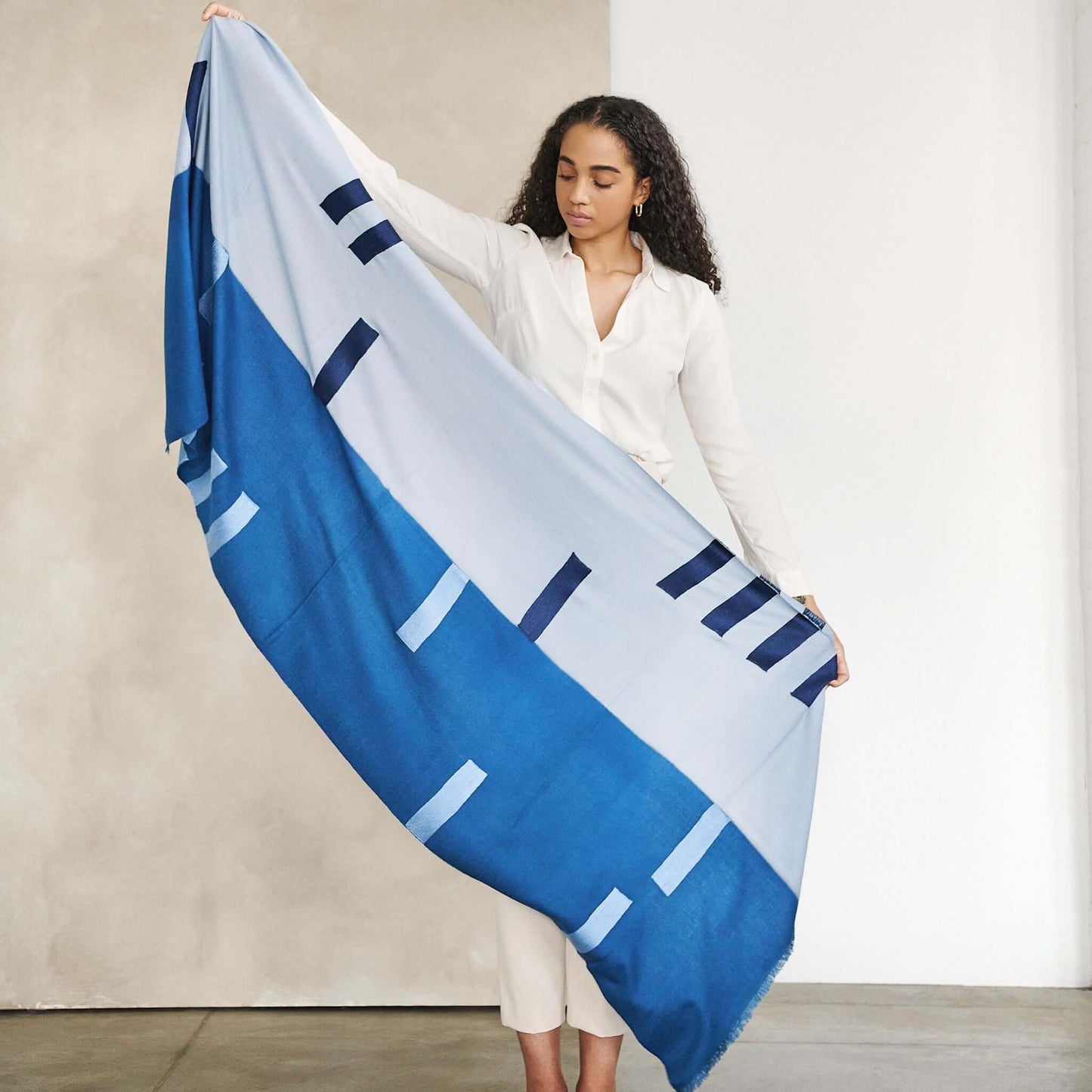 Harbor Blue Hand Embroidered Modern Artisanal Scarf