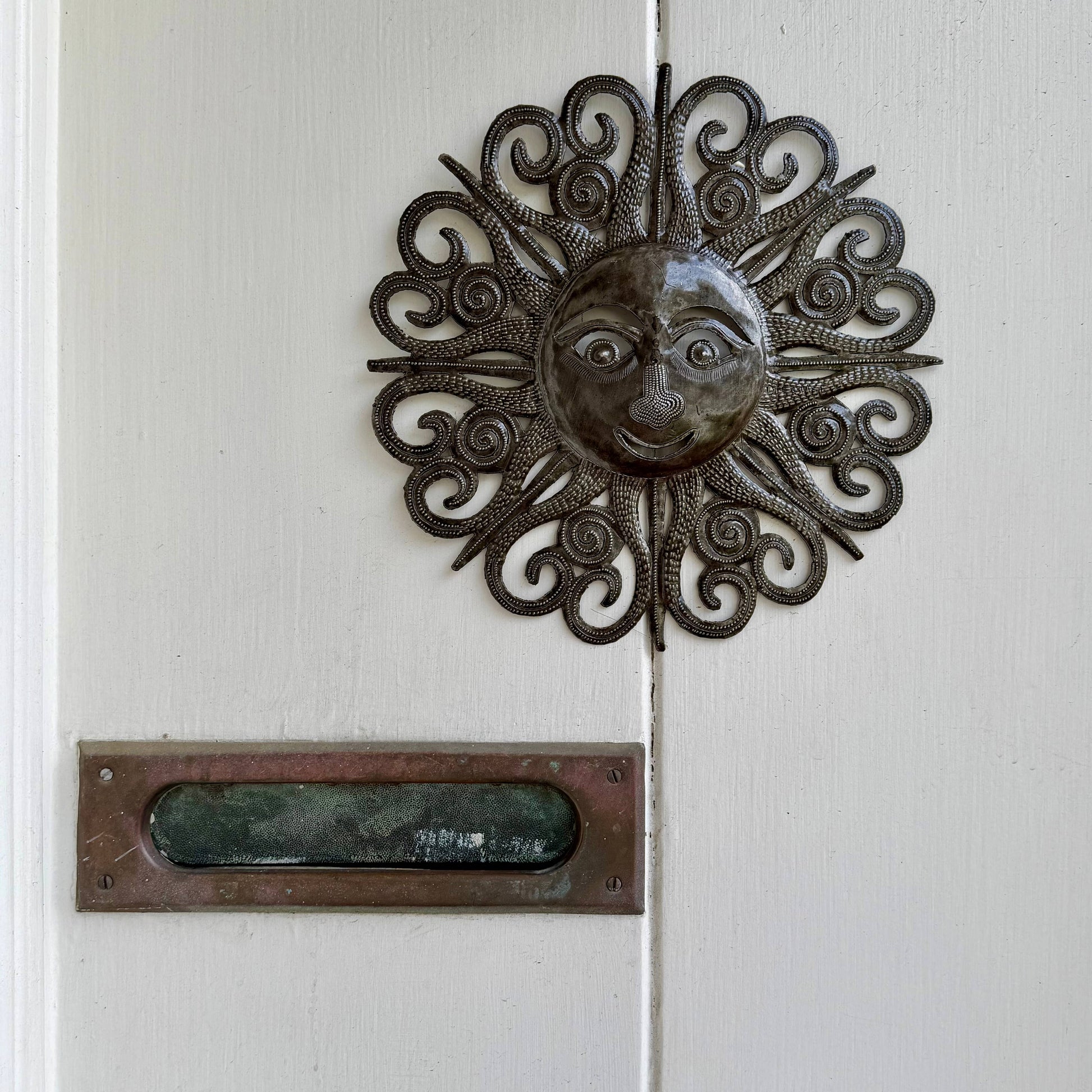Haitian Metal Sun Face Wall Art 10x10 Hand Chiseled Recycled