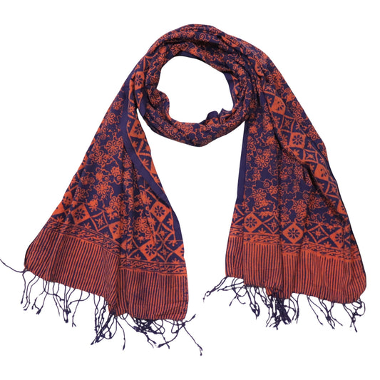 Hand Dyed Batik Scarf, Soft Cotton, Mangosteen, Blue, Pink, Fruit, Floral