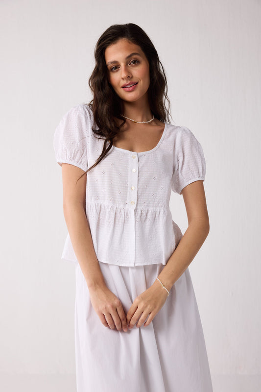 Embroidered Peplum Top with Puff Sleeves in White
