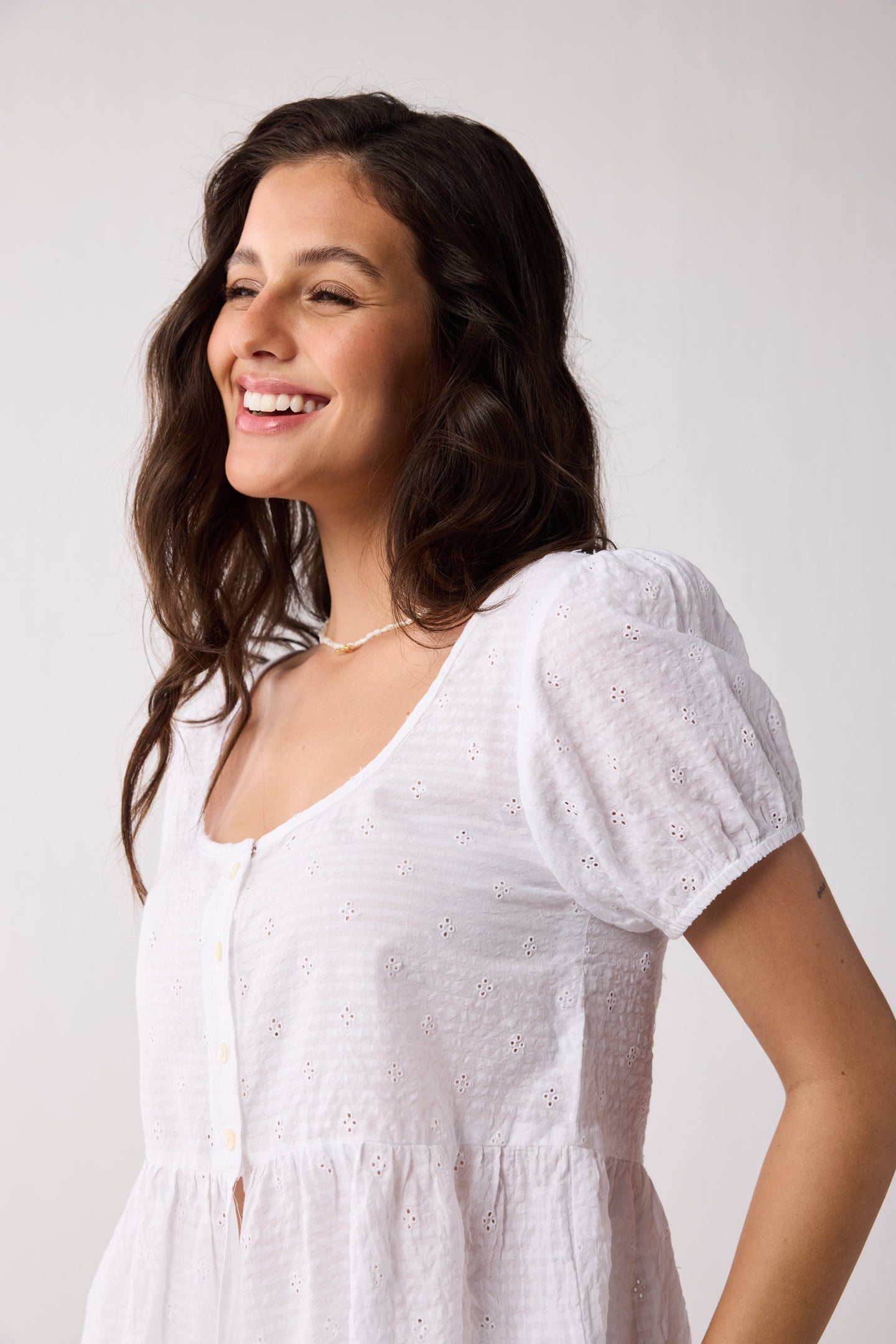 Embroidered Peplum Top with Puff Sleeves in White