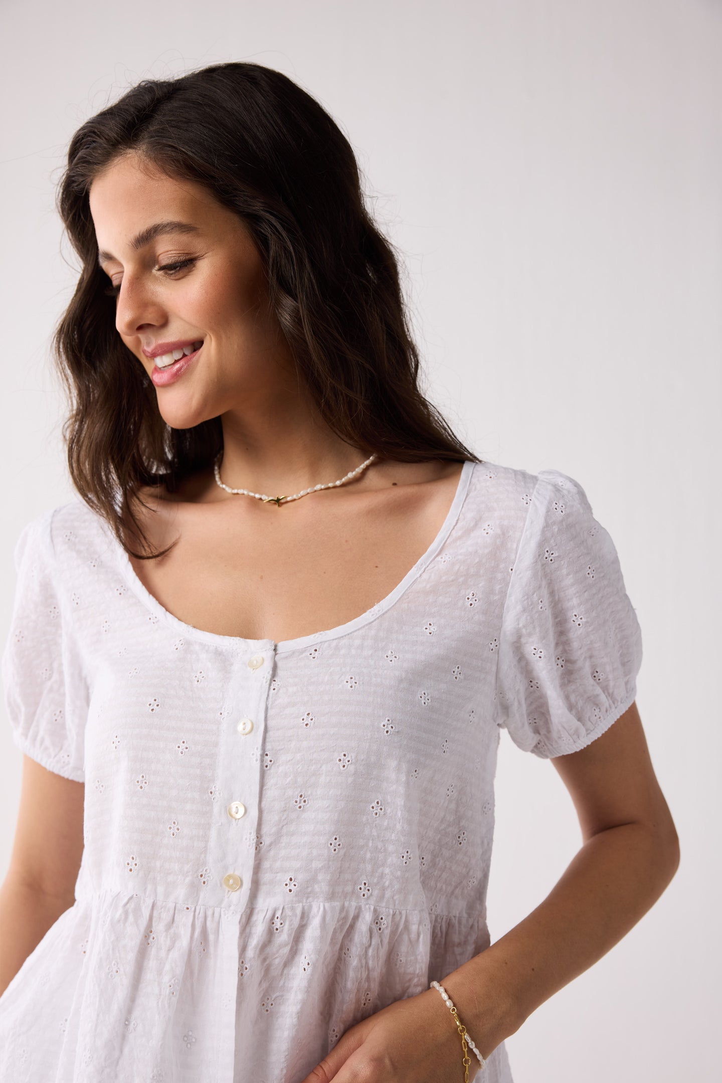 Embroidered Peplum Top with Puff Sleeves in White