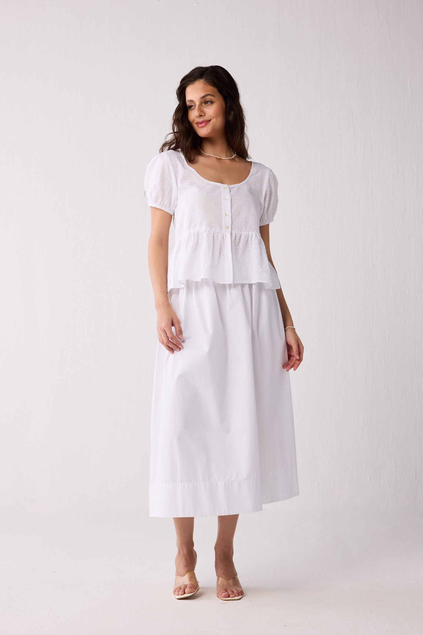 Embroidered Peplum Top with Puff Sleeves in White