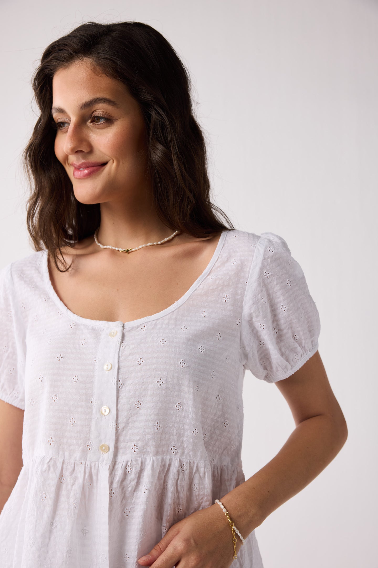 Embroidered Peplum Top with Puff Sleeves in White