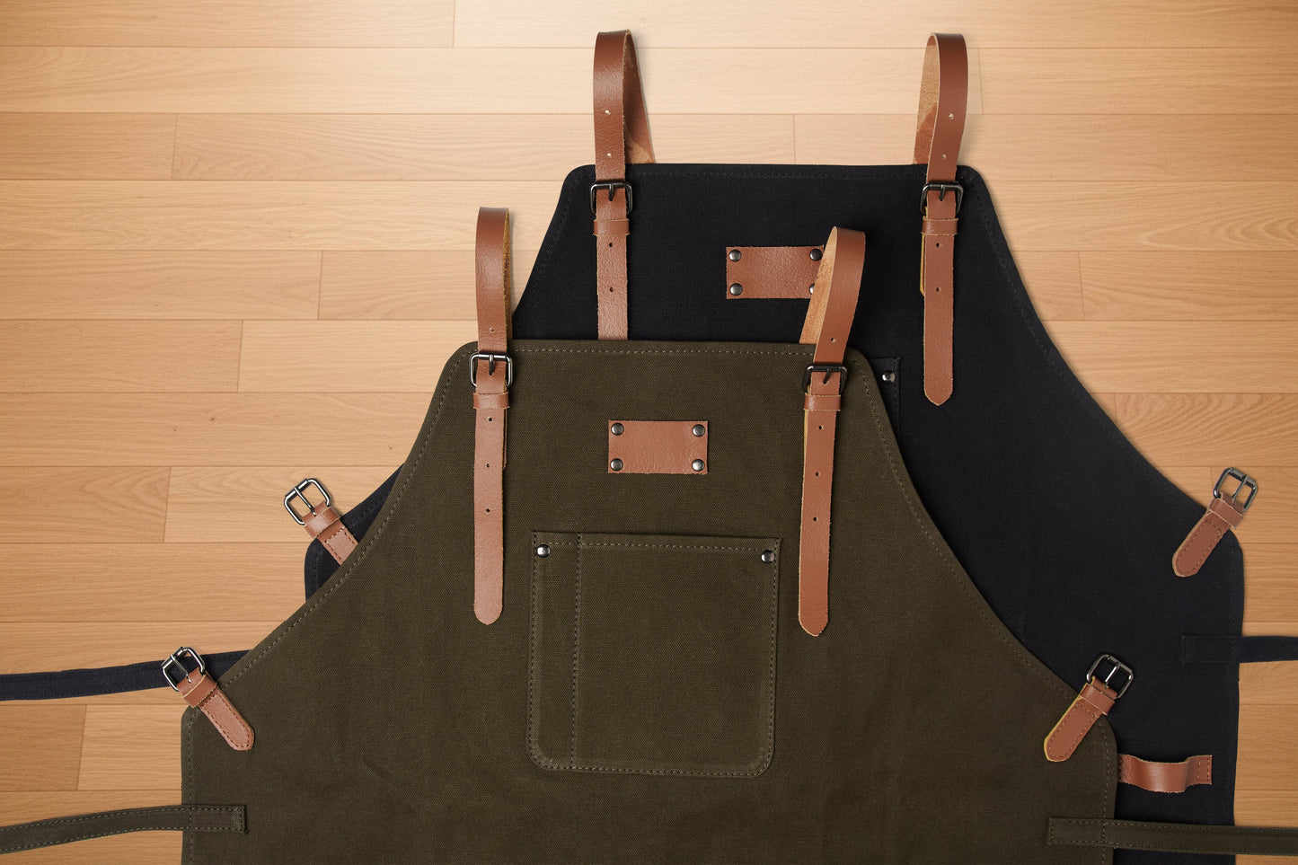 Waxed Canvas Work Apron with Leather Straps & Utility Pockets