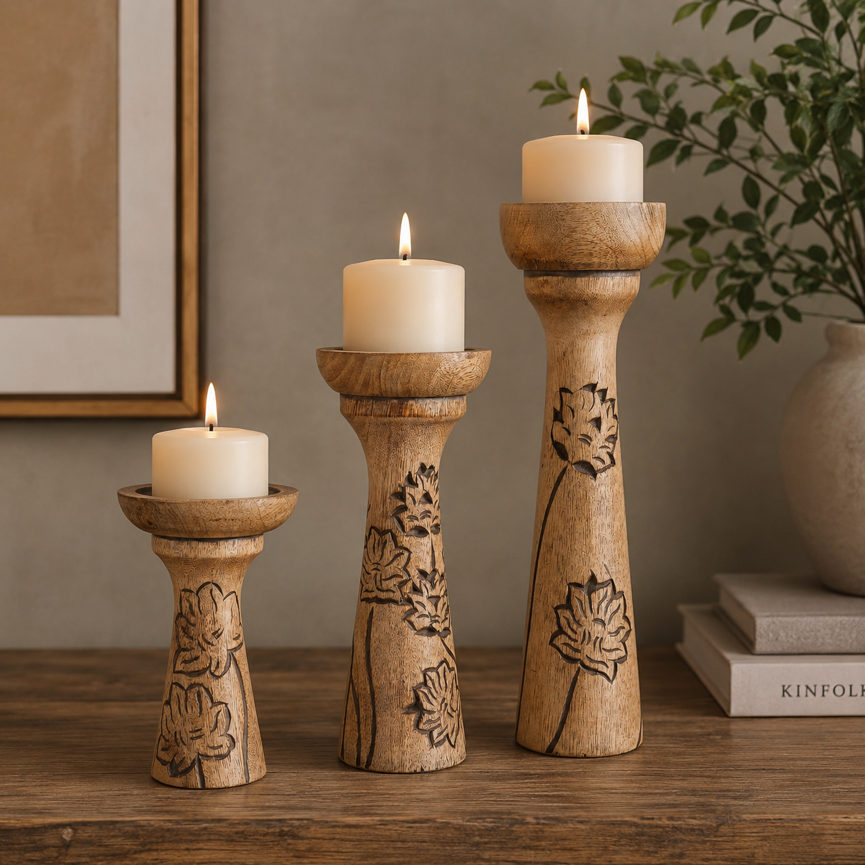 Lotus Vine Natural Pillar Candleholder Set
